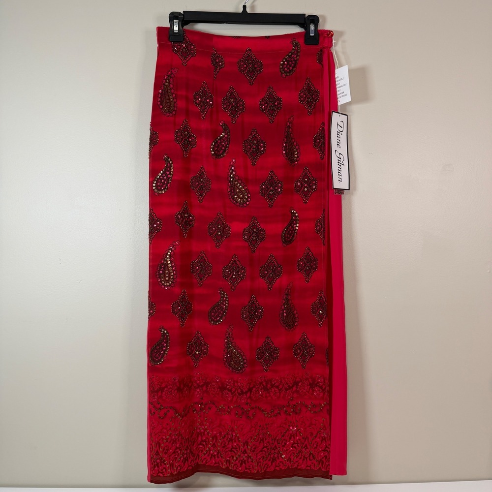 Diane Gilman Silk Maxi Skirt Size M Beaded Sequin Paisley Wrap Front New Festive